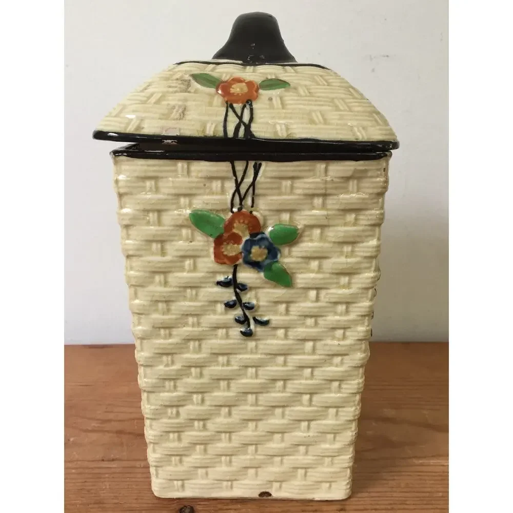 Vtg Hotta Yu Shoten Japan Japanese Basketweave Majolica Tea Jar Kitchen Canister